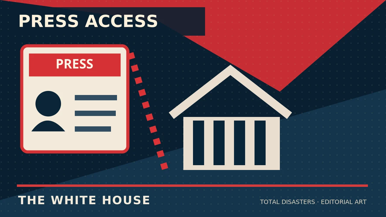 White House access controversy illustrated with press credentials and a symbolic barricade.