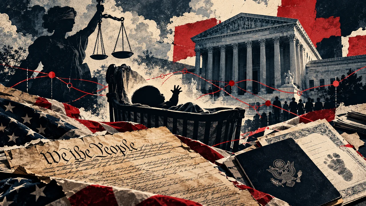 Illustrated legal collage with the Constitution, a crib, a courthouse, and citizenship document motifs.