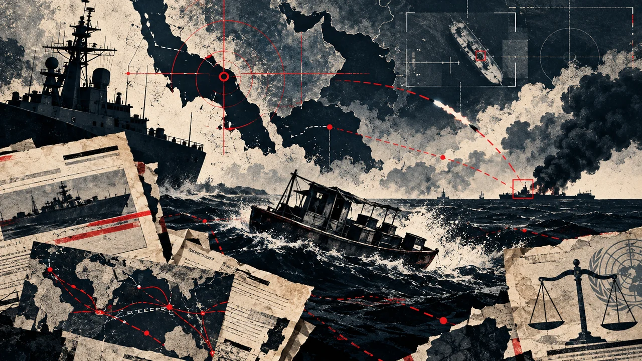 Illustrated maritime conflict collage with a small vessel, rough sea, surveillance overlays, and legal document motifs.