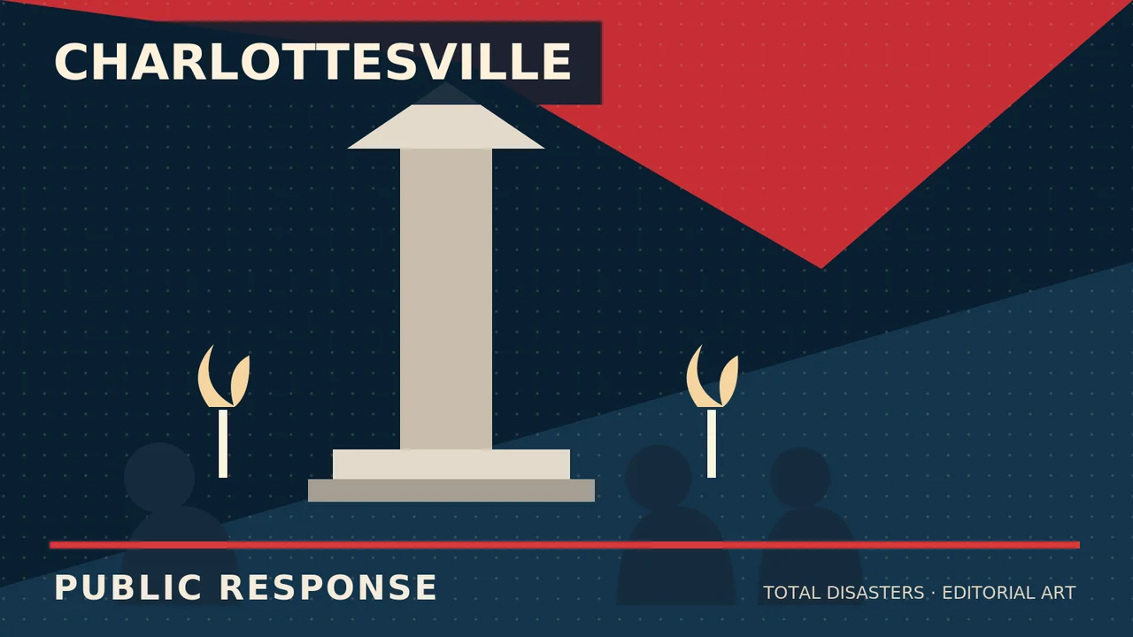Civic monument silhouette, candlelight vigil, and public statements in an editorial illustration.