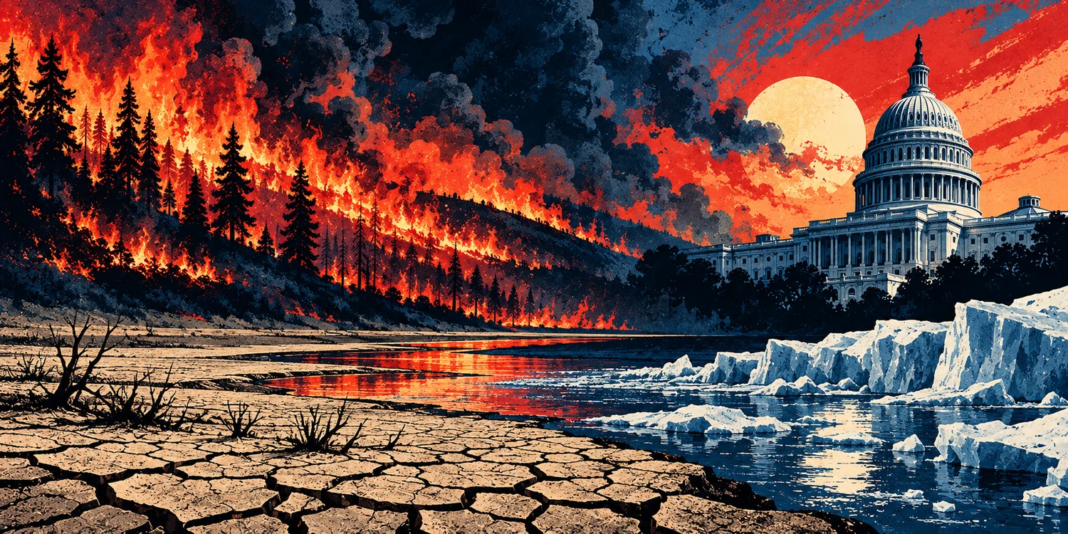 Illustration of industrial smoke and wind turbines during a disputed climate-policy transition.