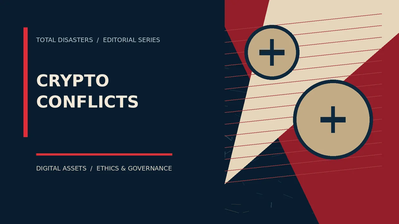 Original symbolic editorial illustration for crypto conflicts; not an event photograph.