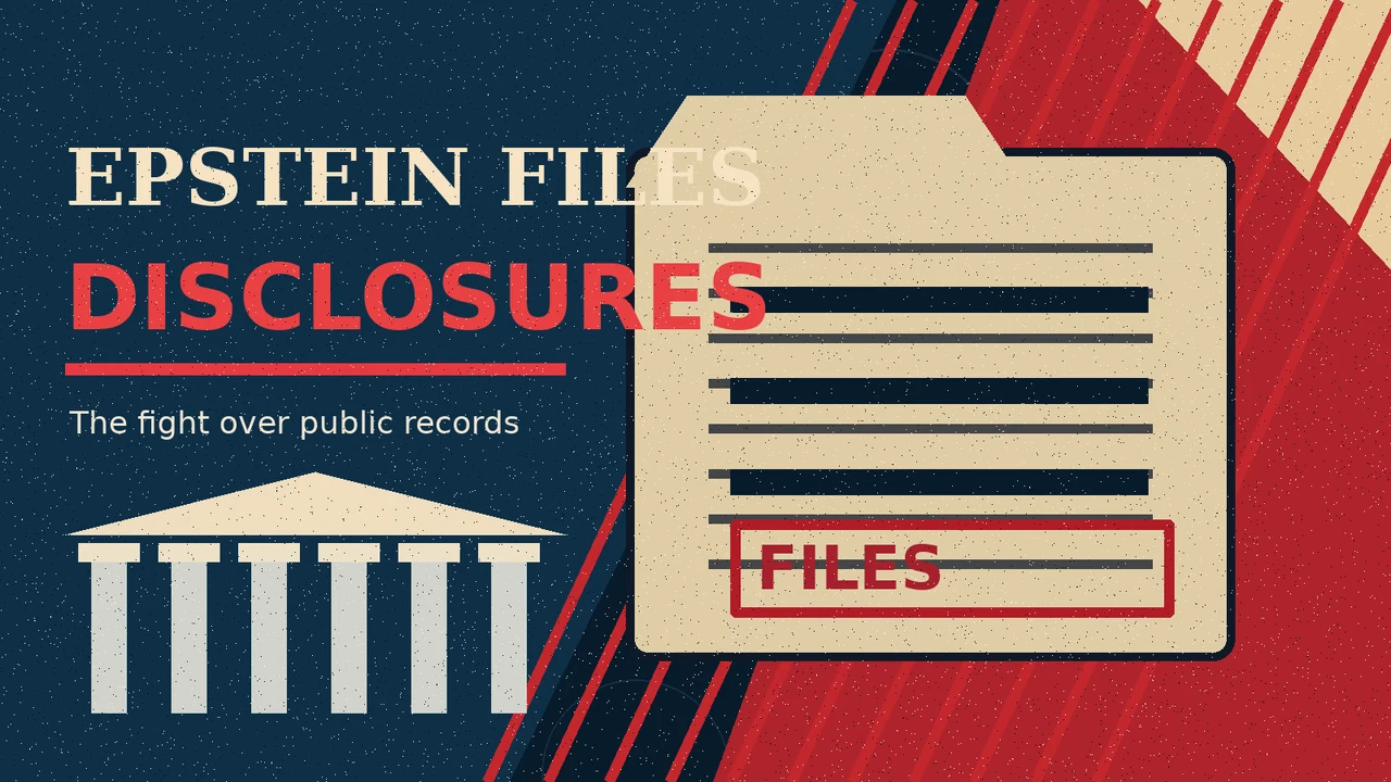 Original symbolic editorial illustration: symbolic redacted document folders and disclosure archive. Not a documentary photograph.