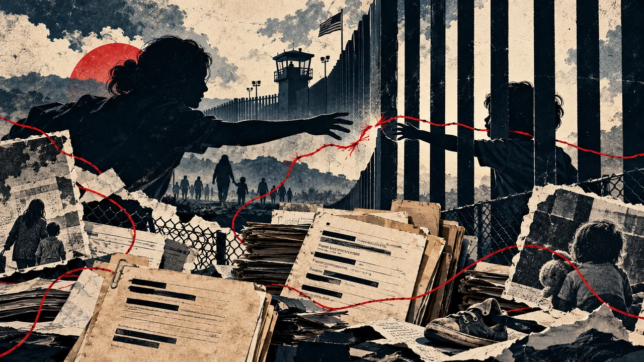Illustrated family-separation collage with parent and child silhouettes reaching across a border barrier and case-file imagery.