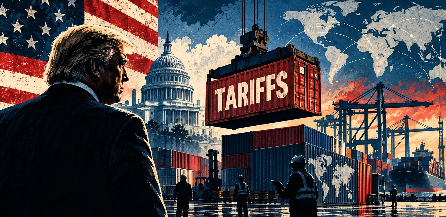 Illustrated stock-market decline, tariff uncertainty, and the Capitol.