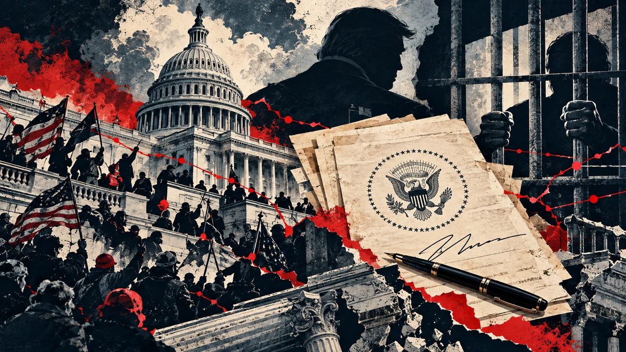 Illustrated January 6 clemency collage with the Capitol, crowd silhouettes, prison bars, and pardon-document symbolism.