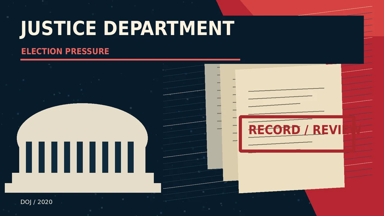Justice Department documents and ballot symbols. AI-generated symbolic editorial graphic.