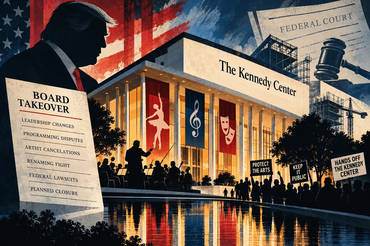 Symbolic editorial illustration of the Kennedy Center, performing arts, governance and litigation.