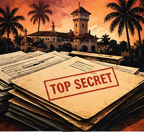 Symbolic editorial illustration of Mar-a-Lago and classified document folders.