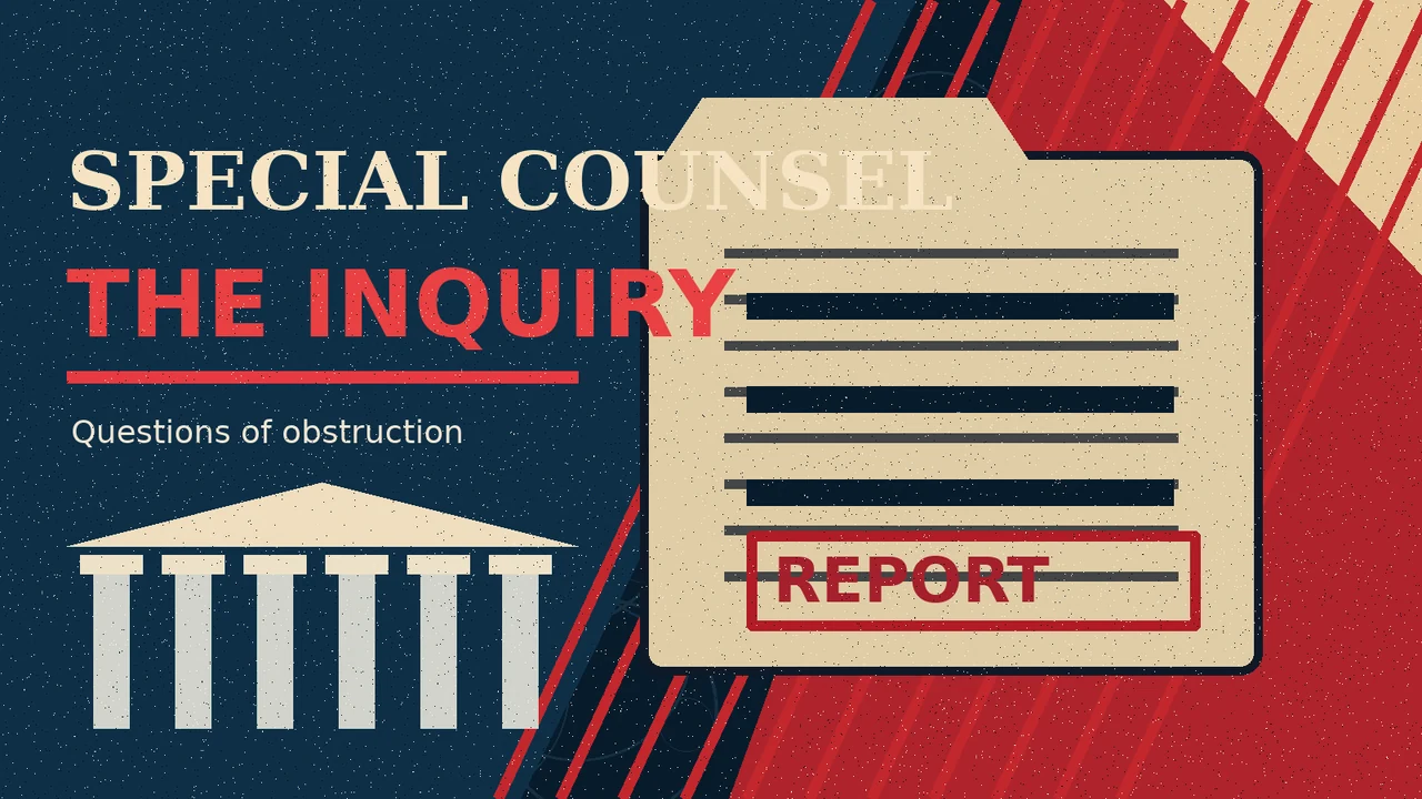 Original symbolic editorial illustration: symbolic special counsel investigative report. Not a documentary photograph.