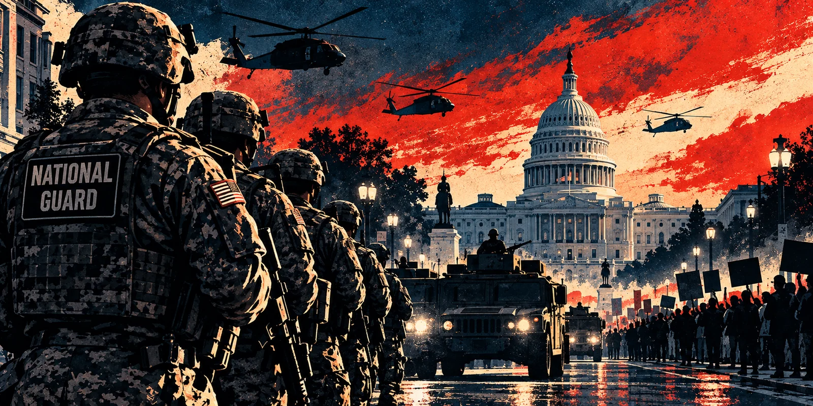 Symbolic military helicopters and personnel representing domestic National Guard deployment.