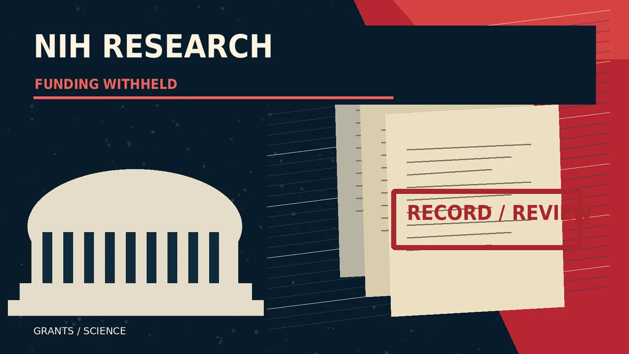 Research funding paperwork, microscope and science motifs. AI-generated symbolic editorial graphic.