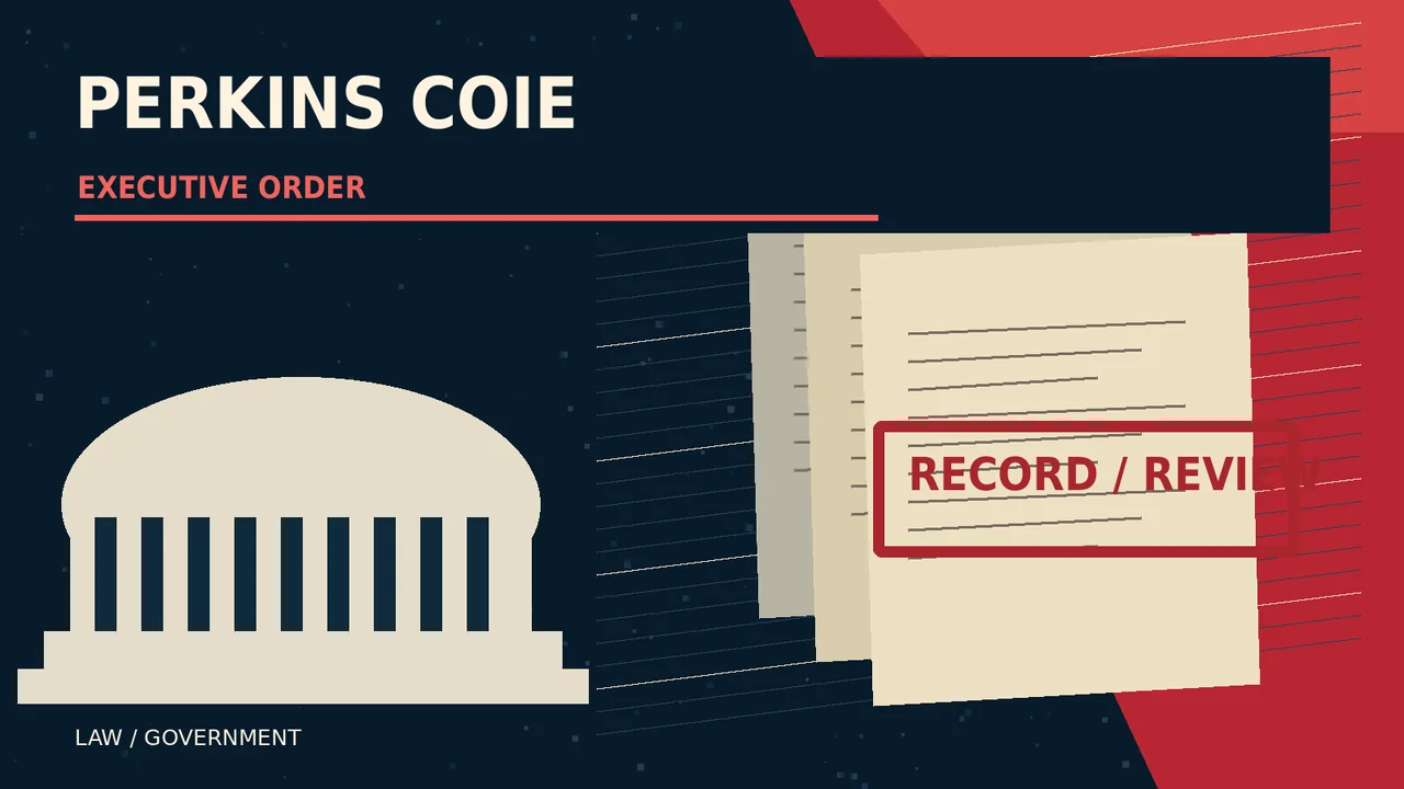 Legal files and red executive order stamp. AI-generated symbolic editorial graphic.