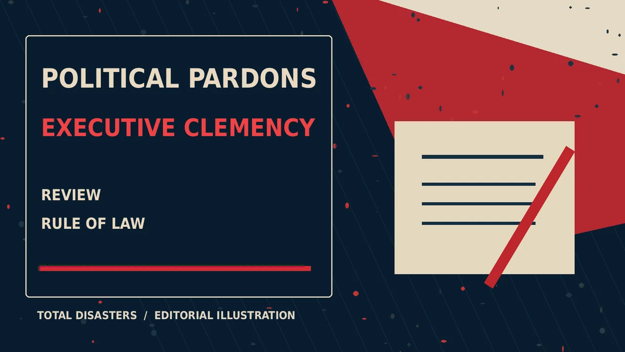 Symbolic editorial illustration about political pardons, not a documentary photograph.