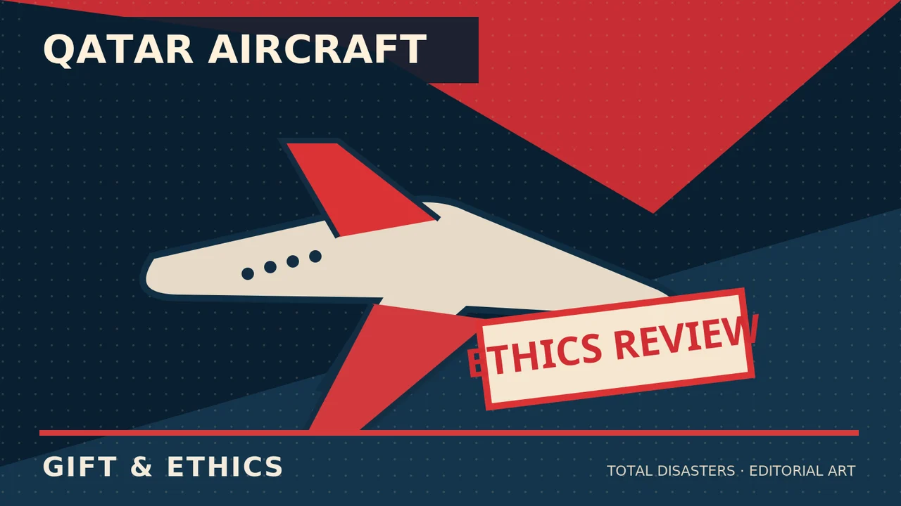 Symbolic aircraft and ethics-review paperwork representing the Qatar jet controversy.