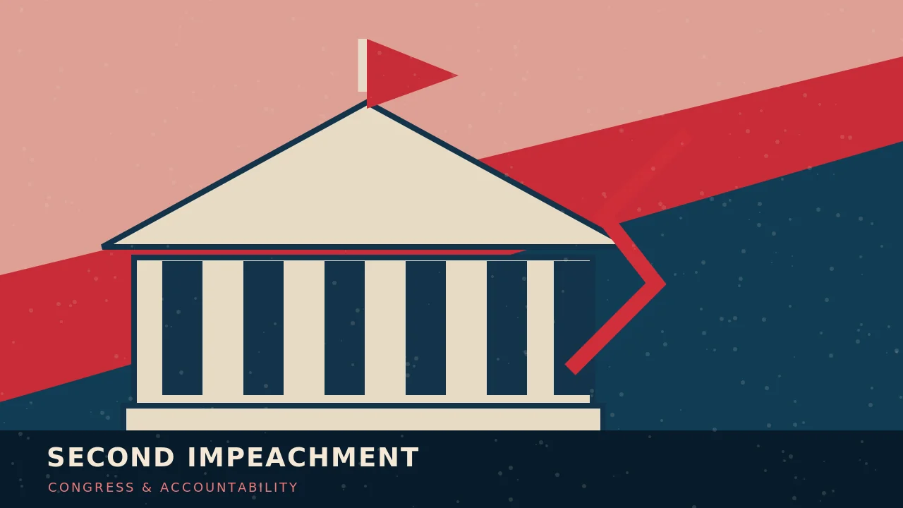 Congressional impeachment, the Capitol and constitutional process — symbolic editorial illustration, not a photograph
