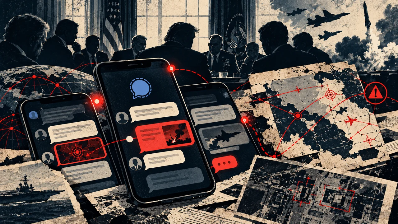 Illustrated security-breach collage with smartphones, chat bubbles, maps, warning symbols, and a war-room setting.