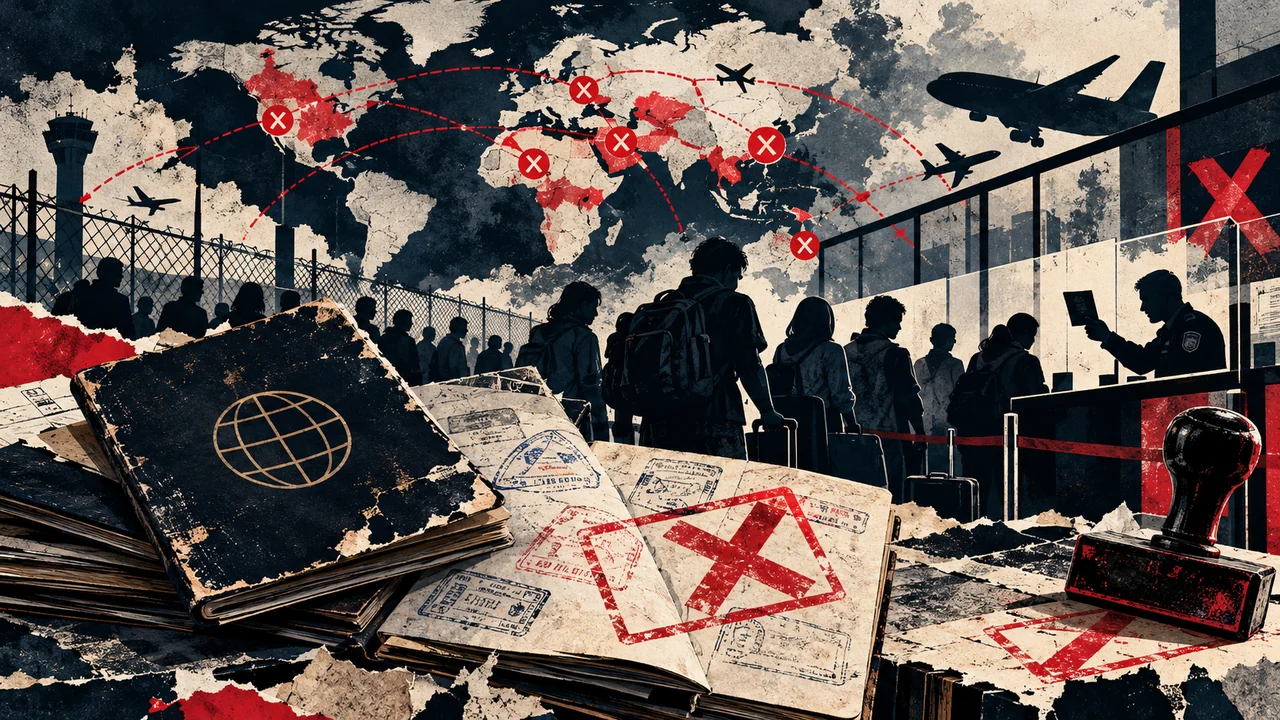 Illustrated travel restriction collage with passports, airport and border imagery, travelers, and a world map.
