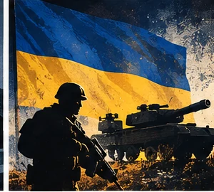 Symbolic editorial illustration of Ukraine military aid, with Ukrainian flag and military silhouettes.