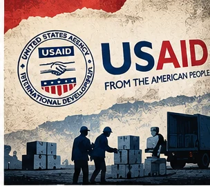 Symbolic editorial illustration of humanitarian aid and USAID programs.